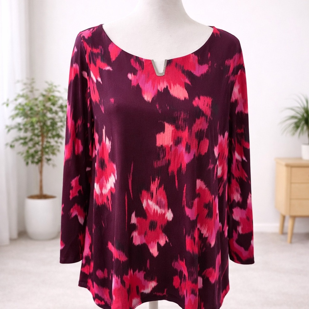 Calvin Klein Pink and Purple Floral Blouse XL Flowy